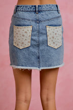 SO ME Denim Mini Skirt Floral Back Pockets Washed Raw Hem Casual Jean Skirts