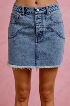SO ME Denim Mini Skirt Floral Back Pockets Washed Raw Hem Casual Jean Skirts