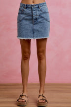 SO ME Denim Mini Skirt Floral Back Pockets Washed Raw Hem Casual Jean Skirts