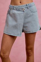 SO ME Denim Wrap Skorts Casual Washed Cotton Mini Jean Skirt with Pockets