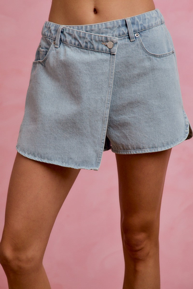 SO ME Denim Wrap Skorts Casual Washed Cotton Mini Jean Skirt with Pockets
