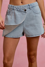 SO ME Denim Wrap Skorts Casual Washed Cotton Mini Jean Skirt with Pockets