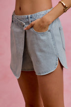 SO ME Denim Wrap Skorts Casual Washed Cotton Mini Jean Skirt with Pockets