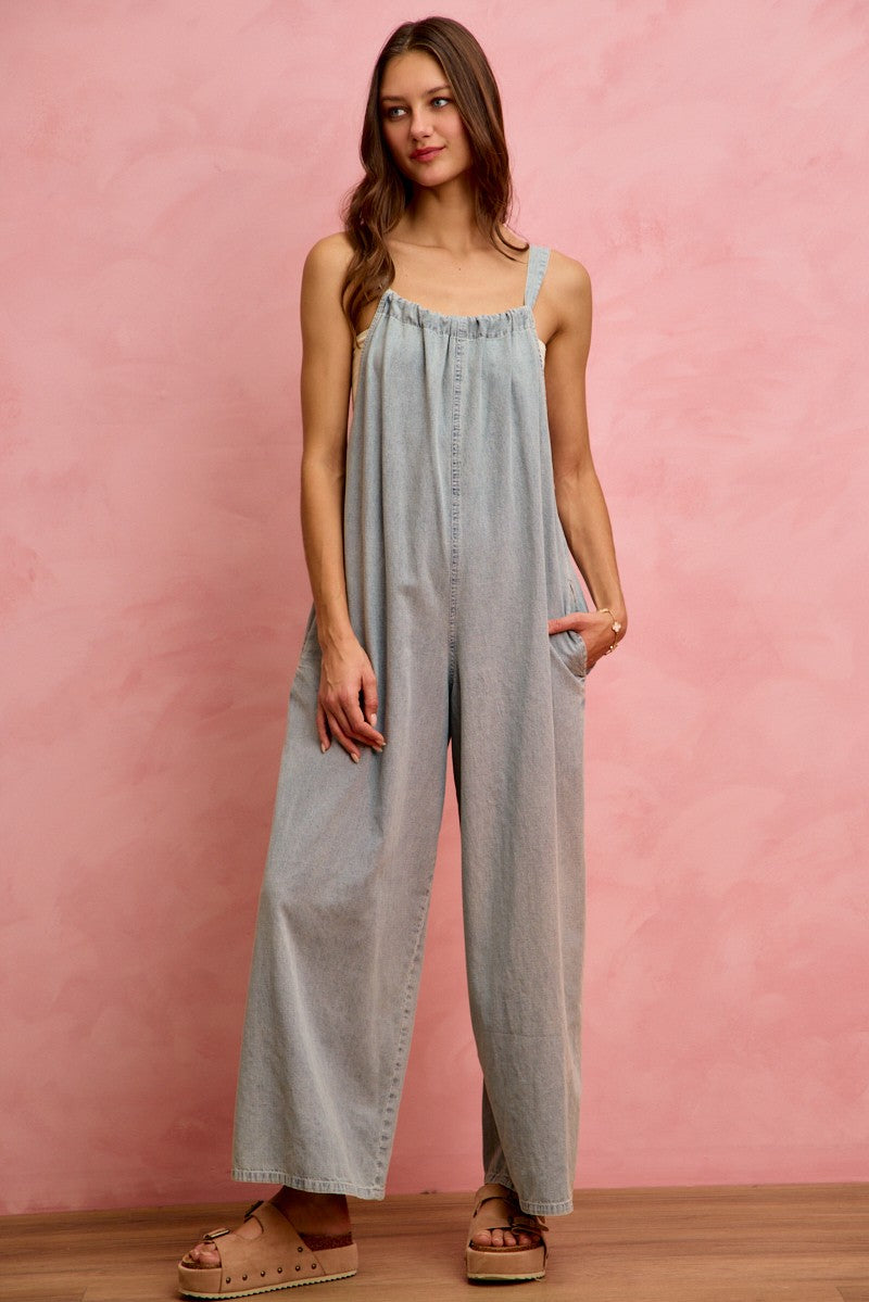SO ME Denim Overalls Wide Leg Lightweight Cotton Sleeveless Jumpsuit