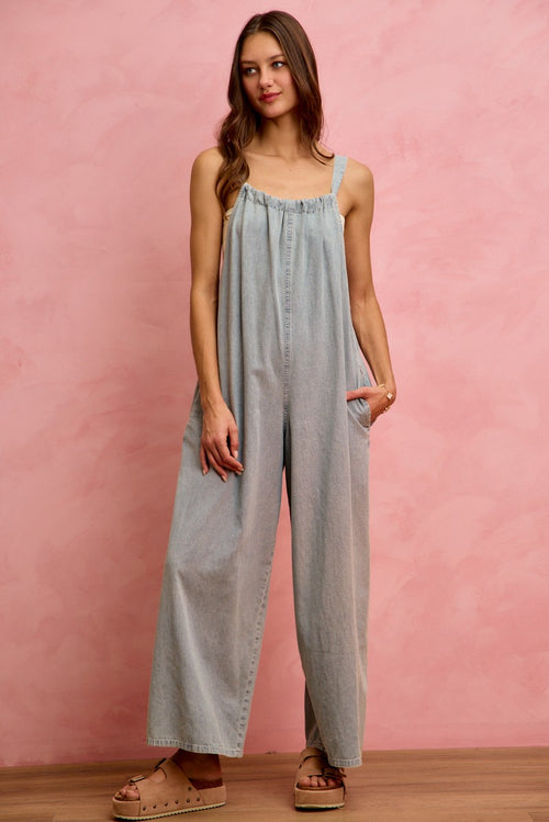 SO ME Denim Overalls Wide Leg Lightweight Cotton Sleeveless Jumpsuit