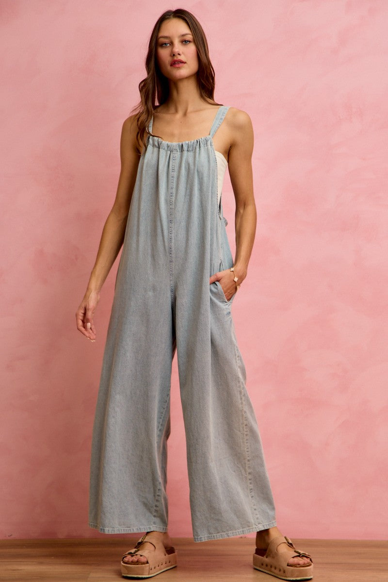 SO ME Denim Overalls Wide Leg Lightweight Cotton Sleeveless Jumpsuit