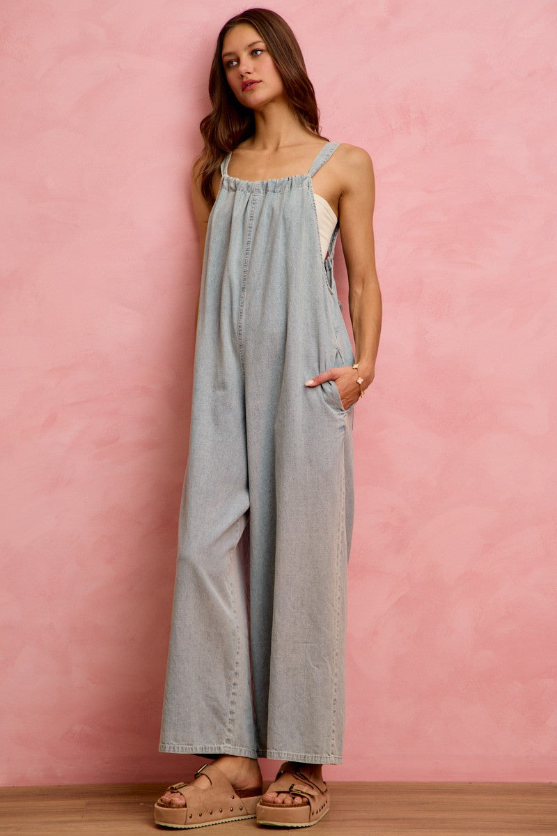 SO ME Denim Overalls Wide Leg Lightweight Cotton Sleeveless Jumpsuit