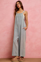 SO ME Denim Overalls Wide Leg Lightweight Cotton Sleeveless Jumpsuit