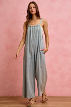 SO ME Denim Overalls Wide Leg Lightweight Cotton Sleeveless Jumpsuit
