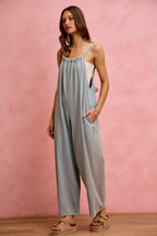 SO ME Denim Overalls Wide Leg Lightweight Cotton Sleeveless Jumpsuit