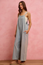 SO ME Denim Overalls Wide Leg Lightweight Cotton Sleeveless Jumpsuit