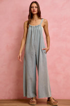 SO ME Denim Overalls Wide Leg Lightweight Cotton Sleeveless Jumpsuit