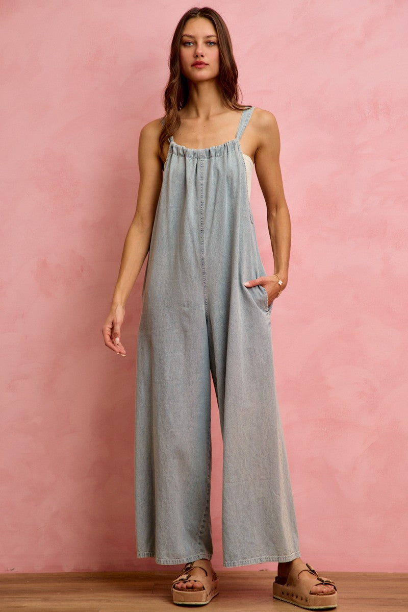 SO ME Denim Overalls Wide Leg Lightweight Cotton Sleeveless Jumpsuit