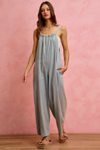 SO ME Denim Overalls Wide Leg Lightweight Cotton Sleeveless Jumpsuit