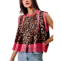 SO ME Sleeveless Blouse Leopard Pink Floral Lace Trim Button Pleated Top