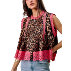 SO ME Ärmellose Bluse Leopardenmuster Rosa Blumenmuster Spitzensaum Knopfleiste Falten-Top