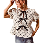 SO ME Textur Gewebtes Top Schleifen-Schößchen Elegant Puff Kurzarm Elfenbein Schwarz