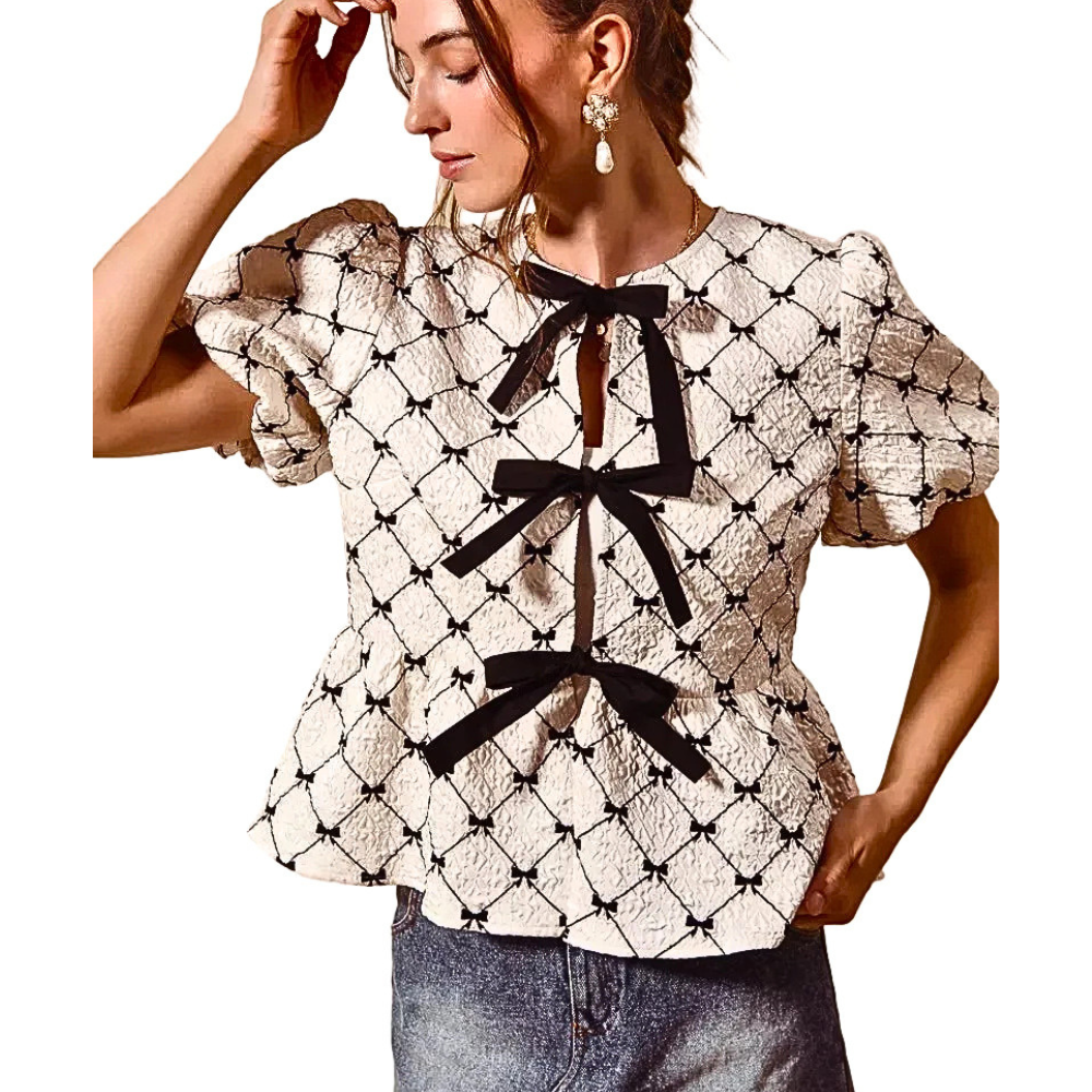 SO ME Texture Woven Top Bow Peplum Elegant Puff Short Sleeve Ivory Black