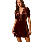 SO ME Velvet Mini Dress V-Neck Lace Trim Bow Short Puff Sleeves Ruffle