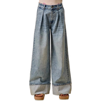 SO ME Wid Leg Denim Jean Casual Pleated Mid Rise Plate Casual Loose Pants