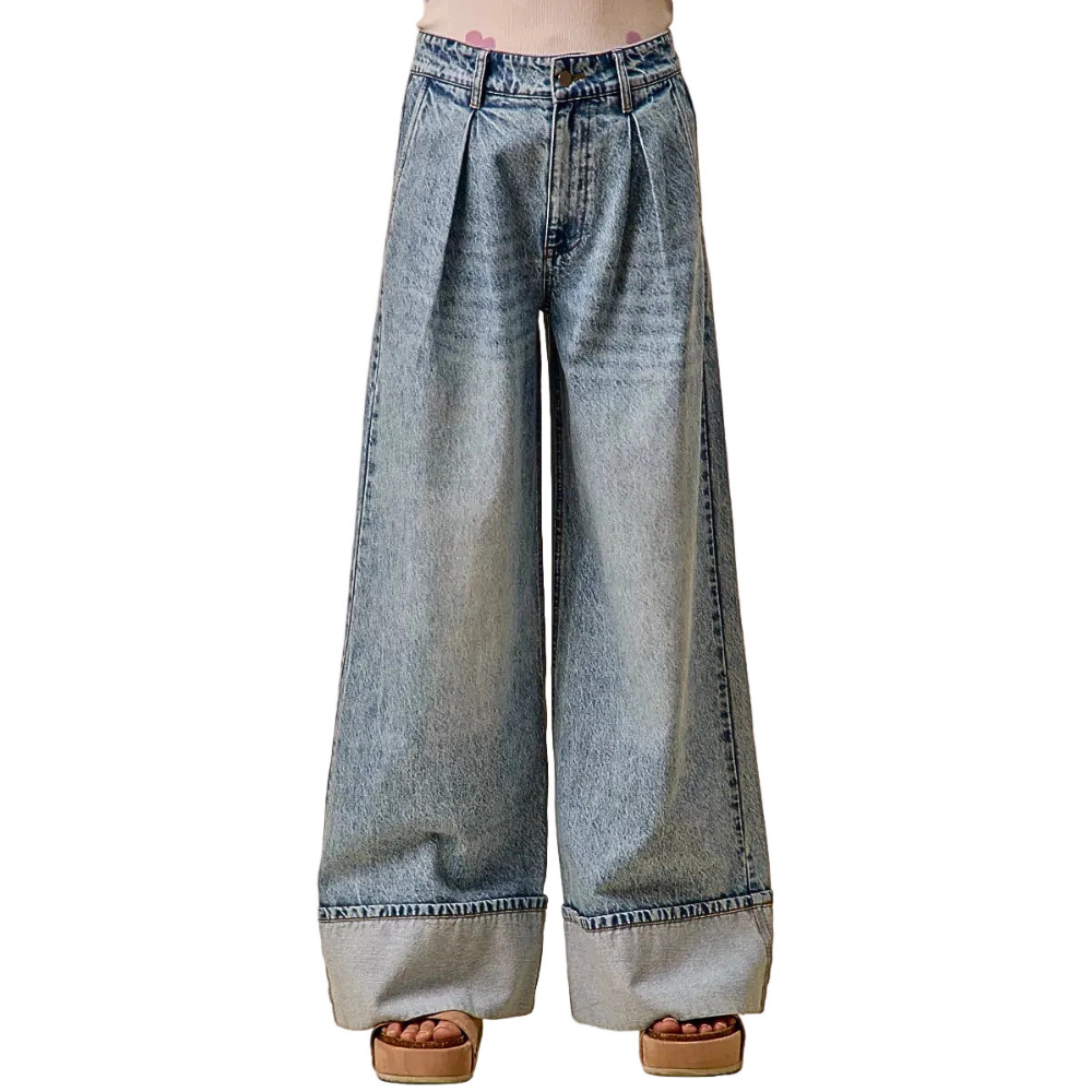 SO ME Wid Leg Denim Jean Casual Pleated Mid Rise Plate Casual Loose Pants