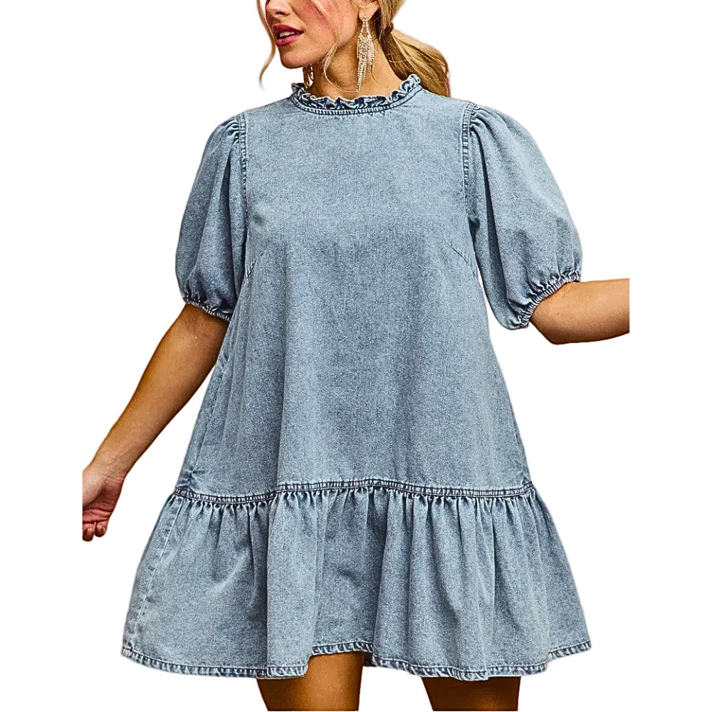 SO ME Babydoll Denim Mini Dress Oversized Ruffle Ballon Short Sleeve Light Blue Loose