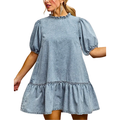 SO ME Babydoll Denim Mini Dress Oversized Ruffle Ballon Short Sleeve Light Blue Loose