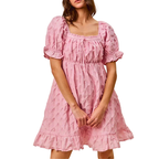 SO ME Babydoll Mini Dress Pink Textured High Waist Smocked Ruffle Short Sleeve