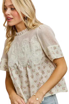 SO ME Blouse Floral Print Lace Trim Cotton Blush Pink Short Sleeve Top