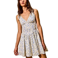 SO ME Blue Floral Mini Dress Cotton V-Neck Lace Trim Ruffle Sleeveless Summer