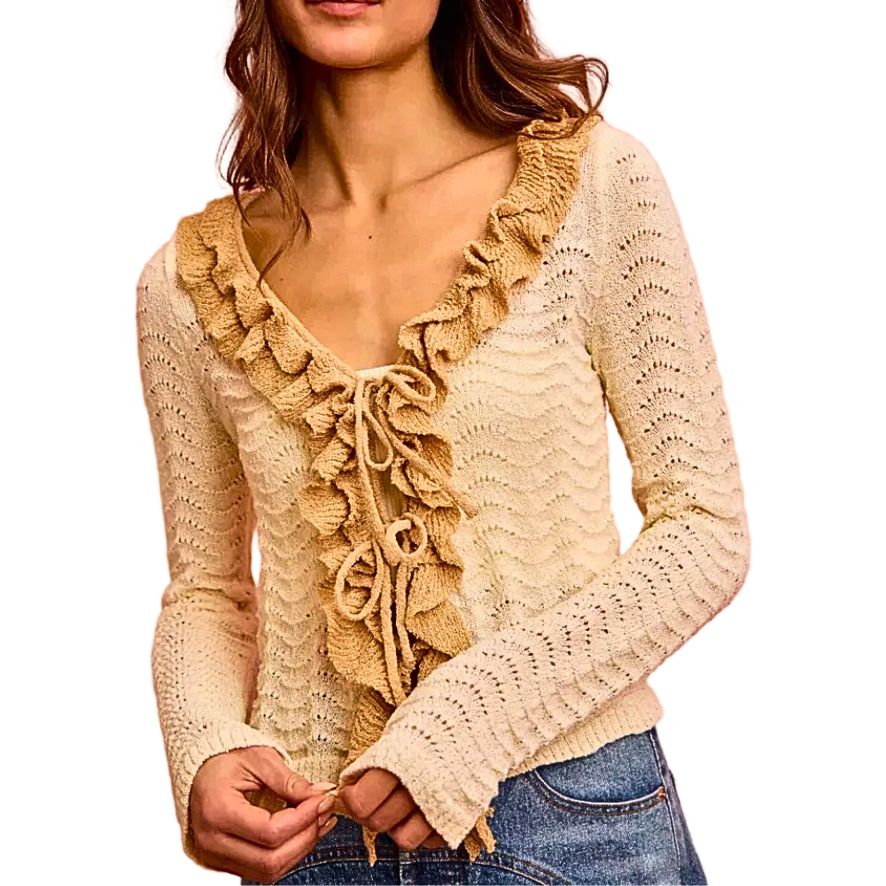 SO ME Cardigan V-Neck Ruffle Tied Open Knit Lightweight Long Sleeve Sweater Top
