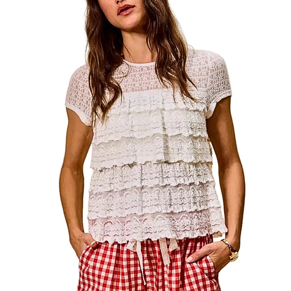 SO ME Casual Blouse Lace Ruffle Layered Ivory Round Neck Short Sleeve Top