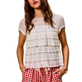 SO ME Casual Blouse Lace Ruffle Layered Ivory Round Neck Short Sleeve Top