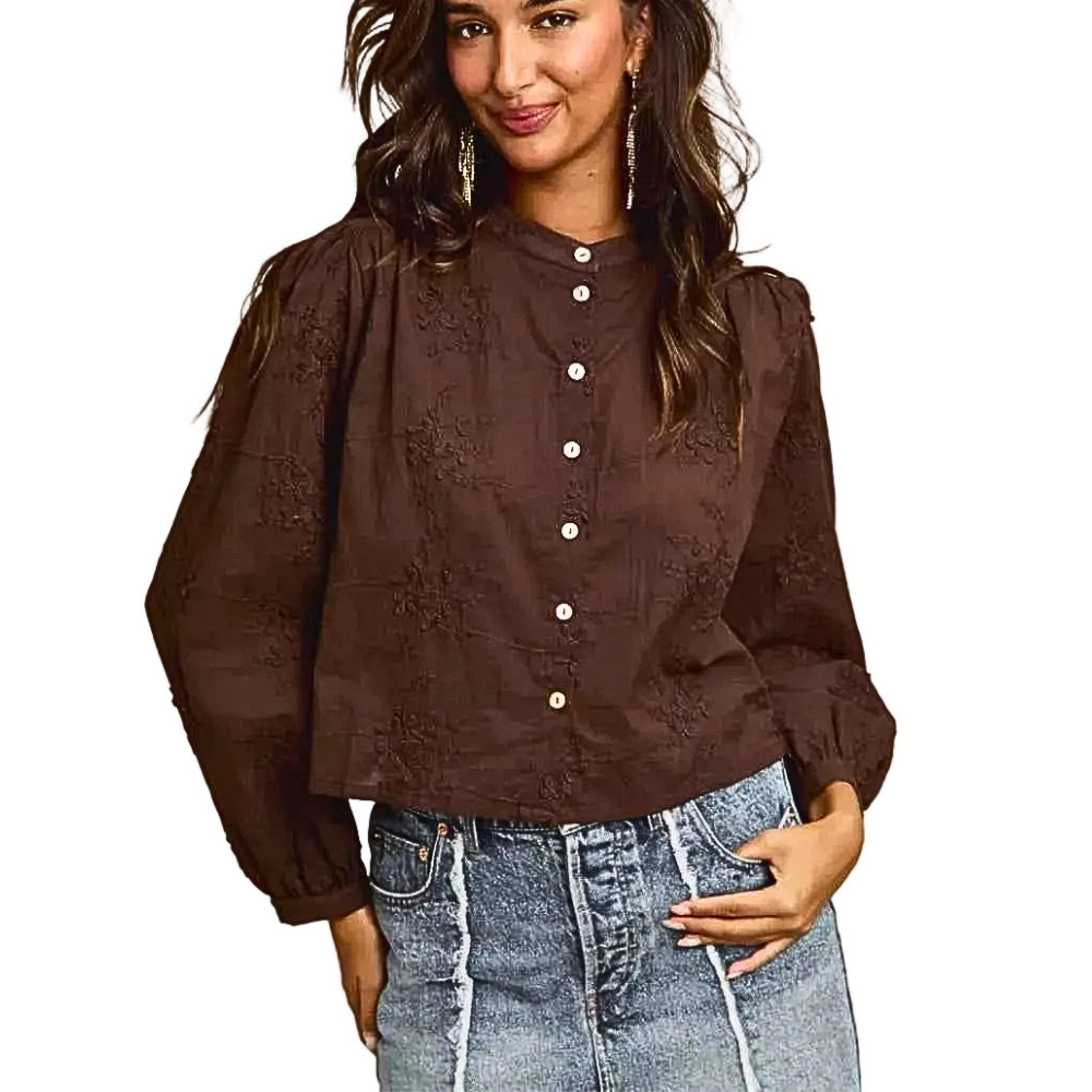 SO ME Casual Shirt Floral Embroidered Cotton Dark Brown Button Long Sleeve Top