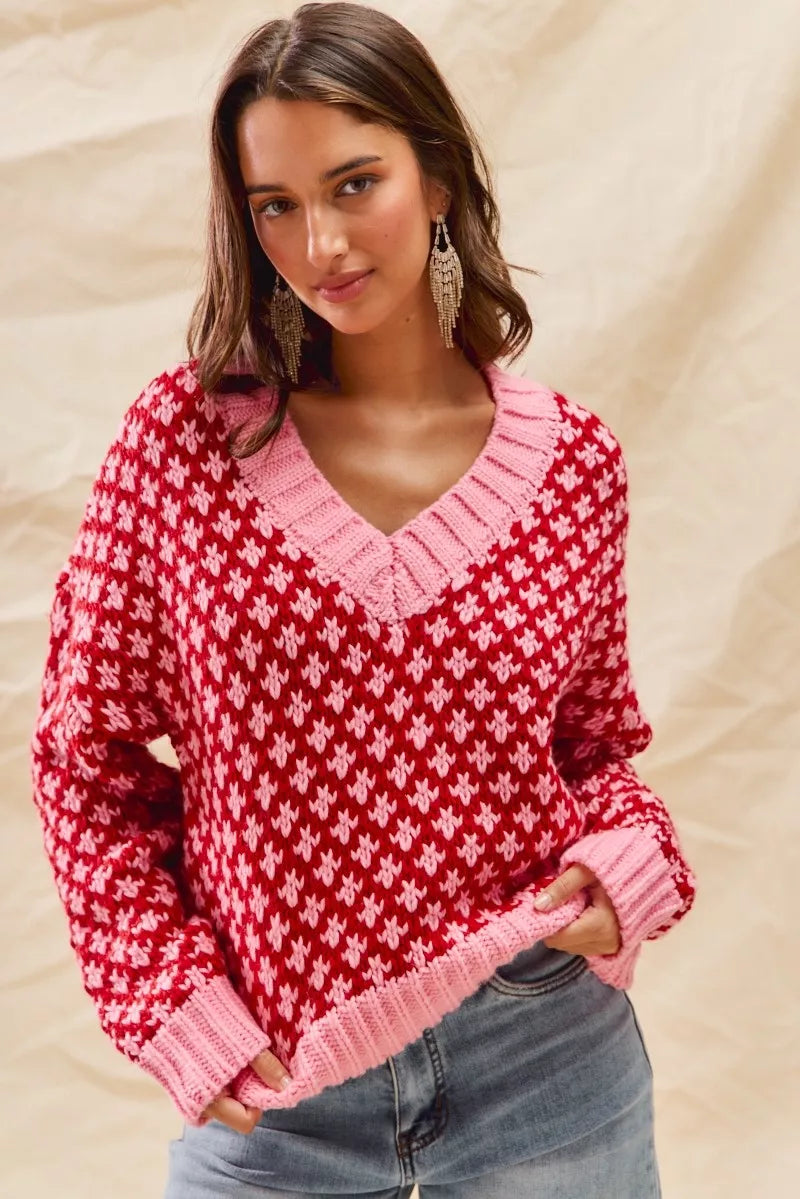 SO ME Christmas Women's Sweater Red Pink Color Block Textured V Neck Top RED PINK SO_ME_Christmas_Women_s_Sweater_Red_Pink_Color_Block_Textured_V_Neck_Top Trendsi