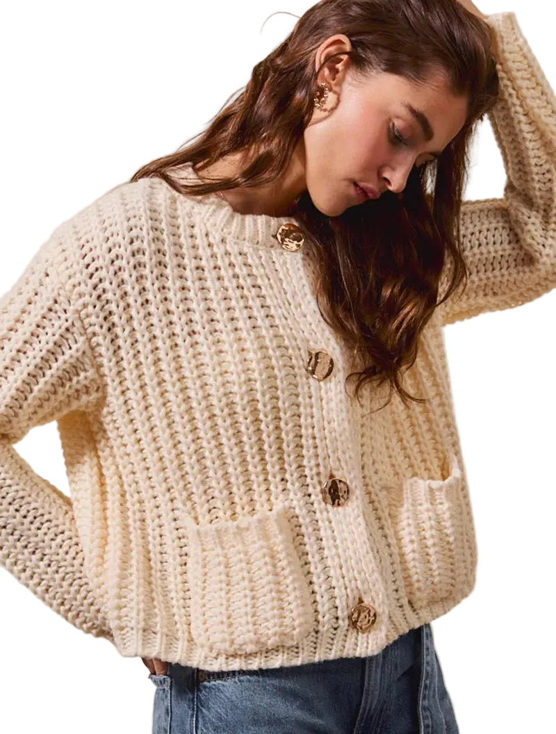 SO ME Chunky Sweater Cardigan Cream Knit Metal Button Long Sleeve Women’s Coat - Styleinger