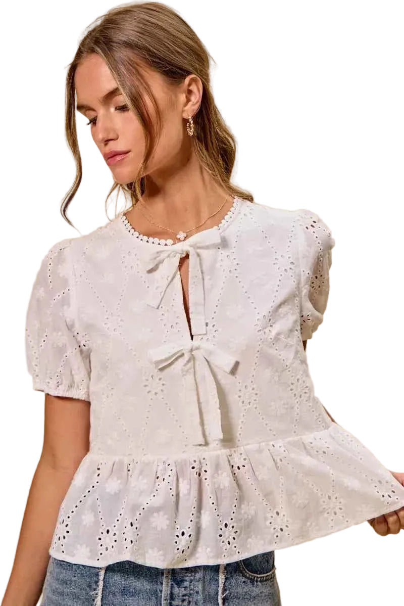 SO ME Cotton Eyelet Tie Front Blouse Women’s Short Sleeve Top S-XL White