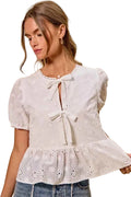 SO ME Cotton Eyelet Tie Front Blouse Women’s Short Sleeve Top S-XL White