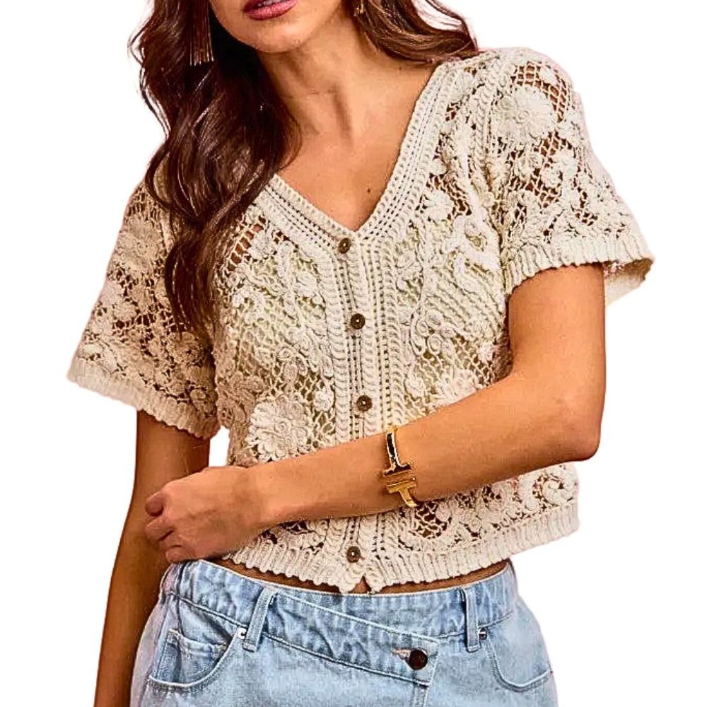 SO ME Crochet Lace Floral Cardigan V-Neck Button Short Sleeve Boho Knit Top