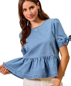 SO ME Denim Bow Detail Short Sleeve Peplum Top – Women’s Casual Blouse