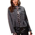 SO ME Denim Jacket Black Button-up Ruffle Hem Casual Long Sleeve Outwear