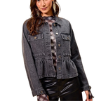 SO ME Denim Jacket Black Button-up Ruffle Hem Casual Long Sleeve Outwear