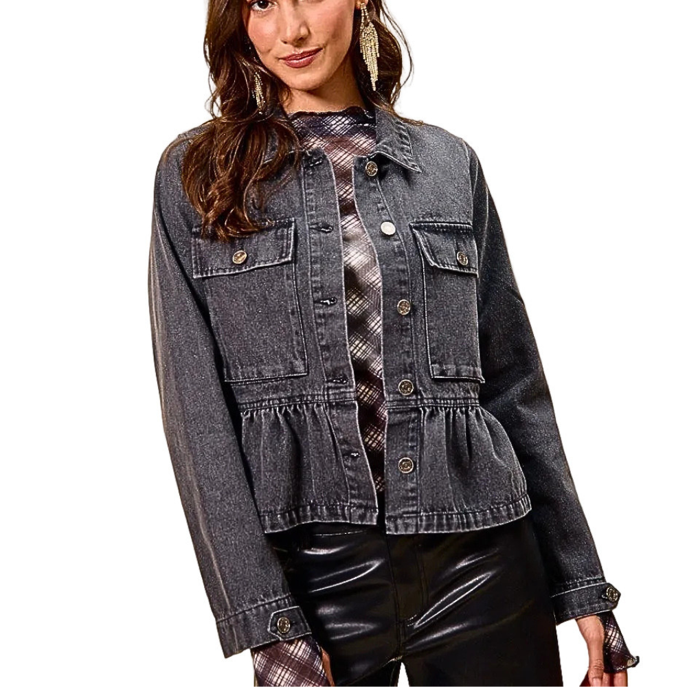 SO ME Denim Jacket Black Button-up Ruffle Hem Casual Long Sleeve Outwear