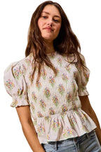 SO ME Floral Cotton Smocked Short Sleeves Blouse Women Casual Summer Top