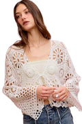 SO ME Floral Pattern Crochet Knit Tie Front Crop Cardigan