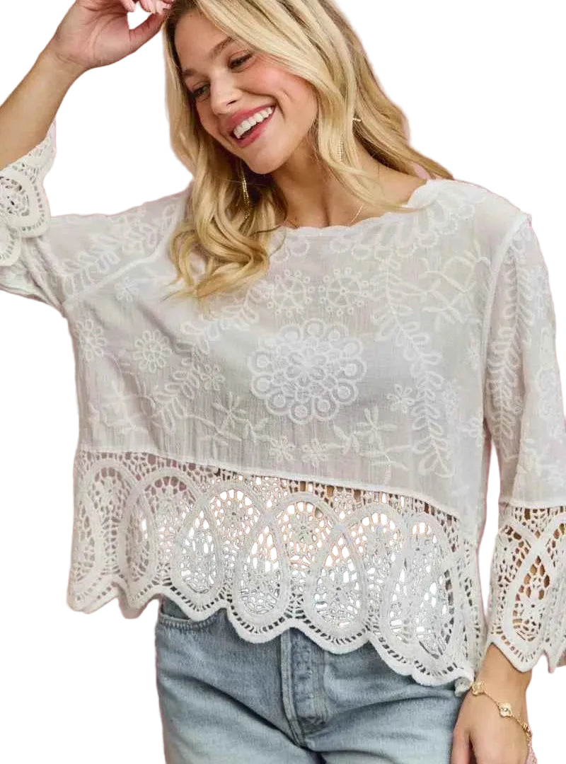 SO ME Floral Embroidered Crochet Lace Trimmed Top White Women’s Boho Knit Shirt - STYLEINGER
