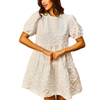SO ME Floral Jacquard Mini Dress White Asymmetric Ruffle Balloon Short Sleeve