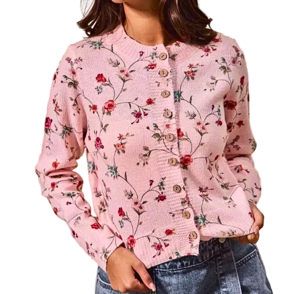 SO ME Floral Knit Cardigan Blush Pink Button Front Long Sleeve Casual Soft Sweater
