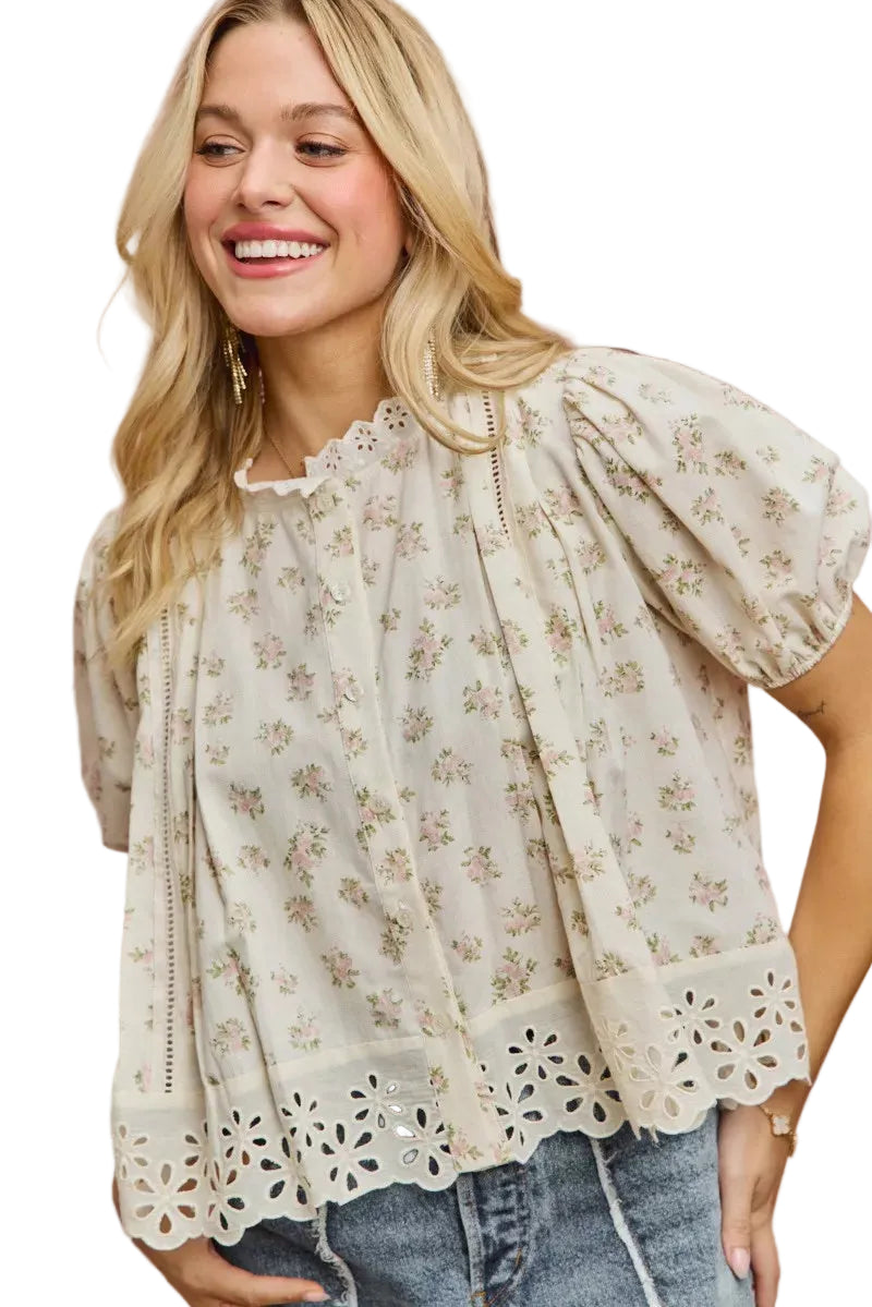 SO ME Floral Print Lace Trim Short Sleeve Blouse Women’s Summer Top