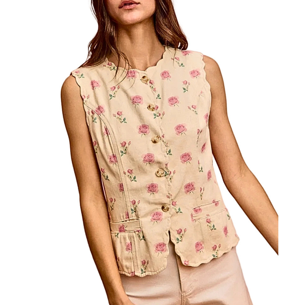 SO ME Floral Vest Top Cotton Sleeveless Round Neck Buttoned Scallop Pocketed